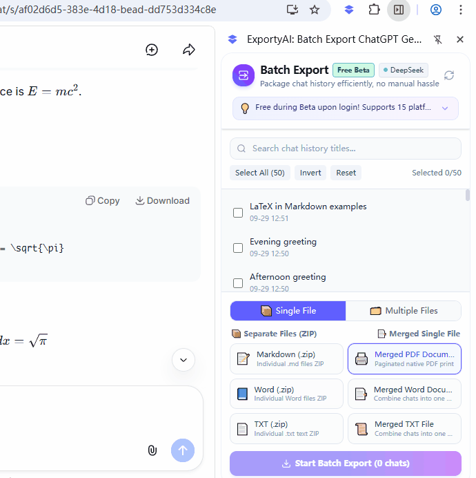 GIF de demostración: búsqueda, selección múltiple y exportación por lotes en ZIP en el panel lateral de ExportyAI