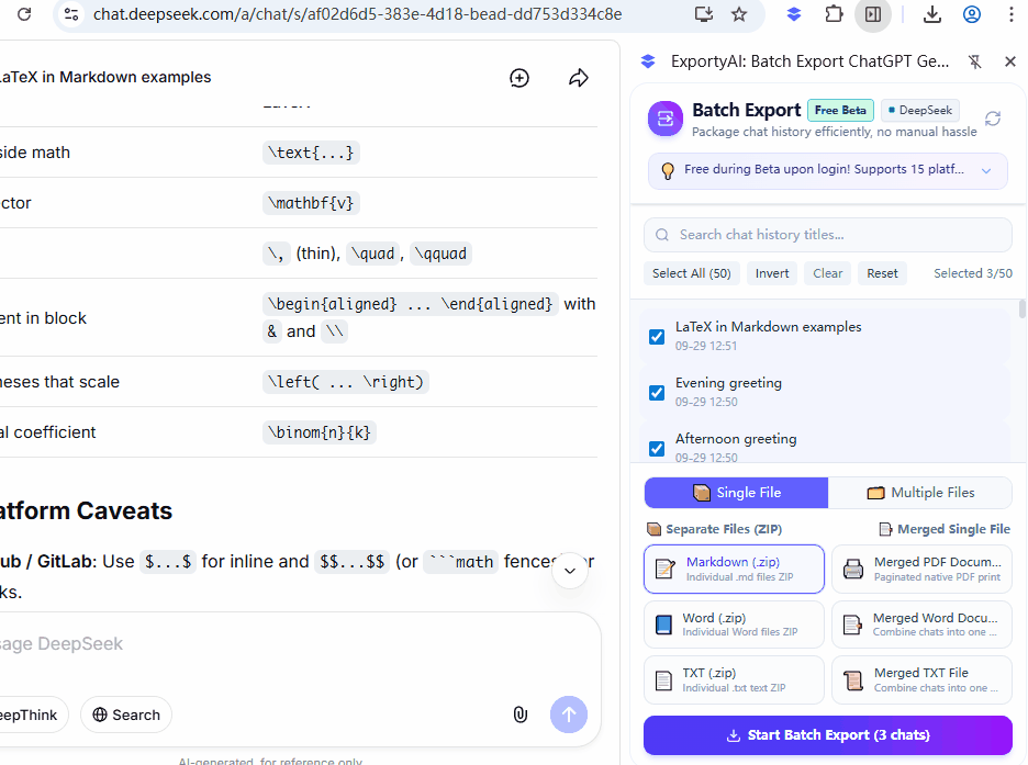 GIF de demostración: autorización de carpeta local y exportación por lotes de varios chats como archivos independientes con la exportación multiarchivo de ExportyAI