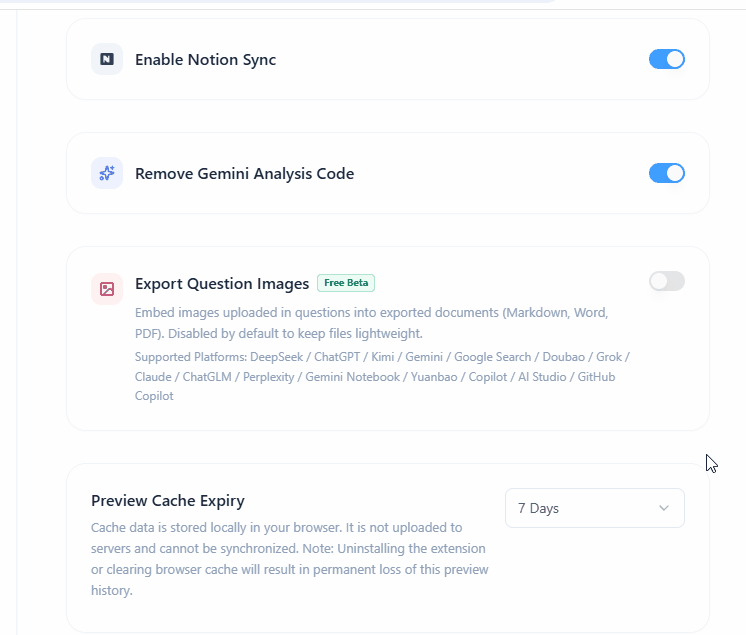 GIF de demostración: activar la opción de exportar imágenes de preguntas en la configuración de ExportyAI y exportar un archivo Markdown con imágenes incrustadas en Base64