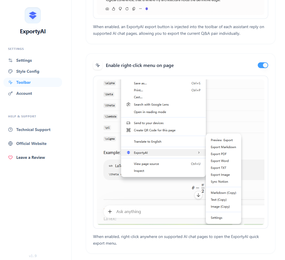 Screenshot of the "Enable right-click menu on page" switch in ExportyAI options