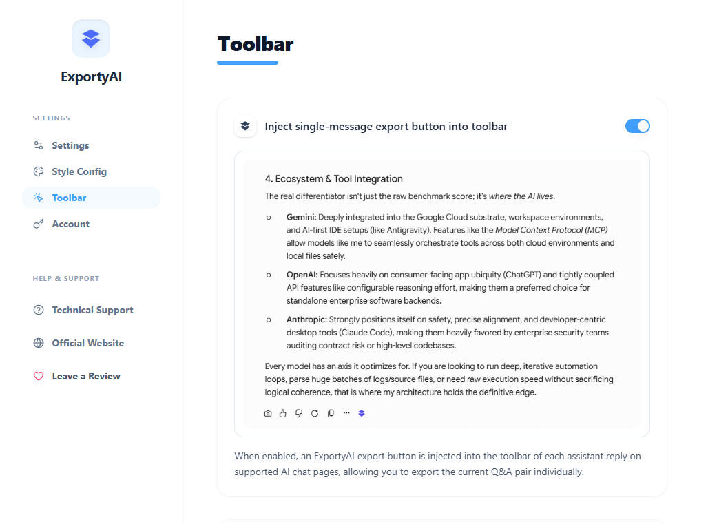 Screenshot of the "Inject single-message export button into toolbar" switch in ExportyAI options