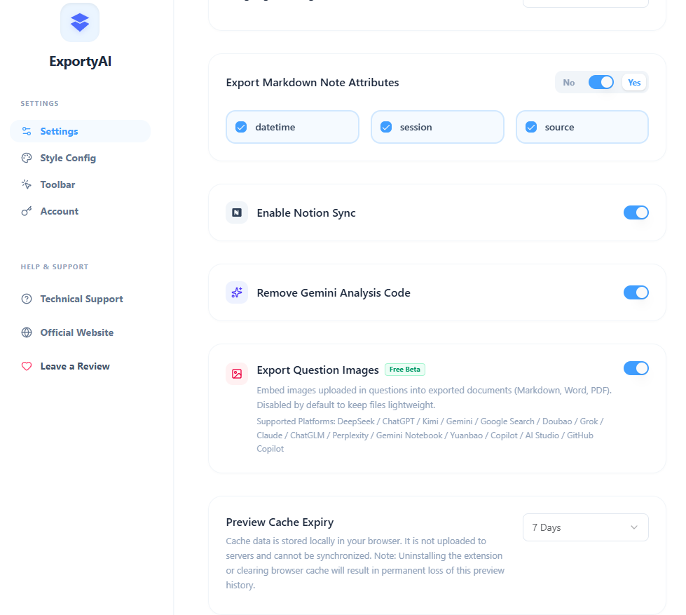 Screenshot of ExportyAI options: note attributes, Gemini analysis code removal and preview cache settings